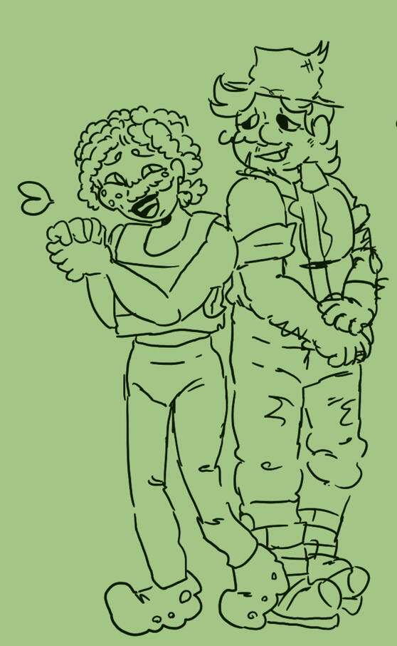 a drawing on a moss green background of chope and scarecrow both looking flustered at eachother