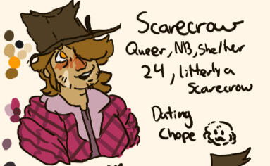 a cropped image of scarecrow from her reference sheet. it says the same information as above