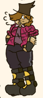 cropped image of scarecrow, they look nervous and have 2 boots on and an arm brace